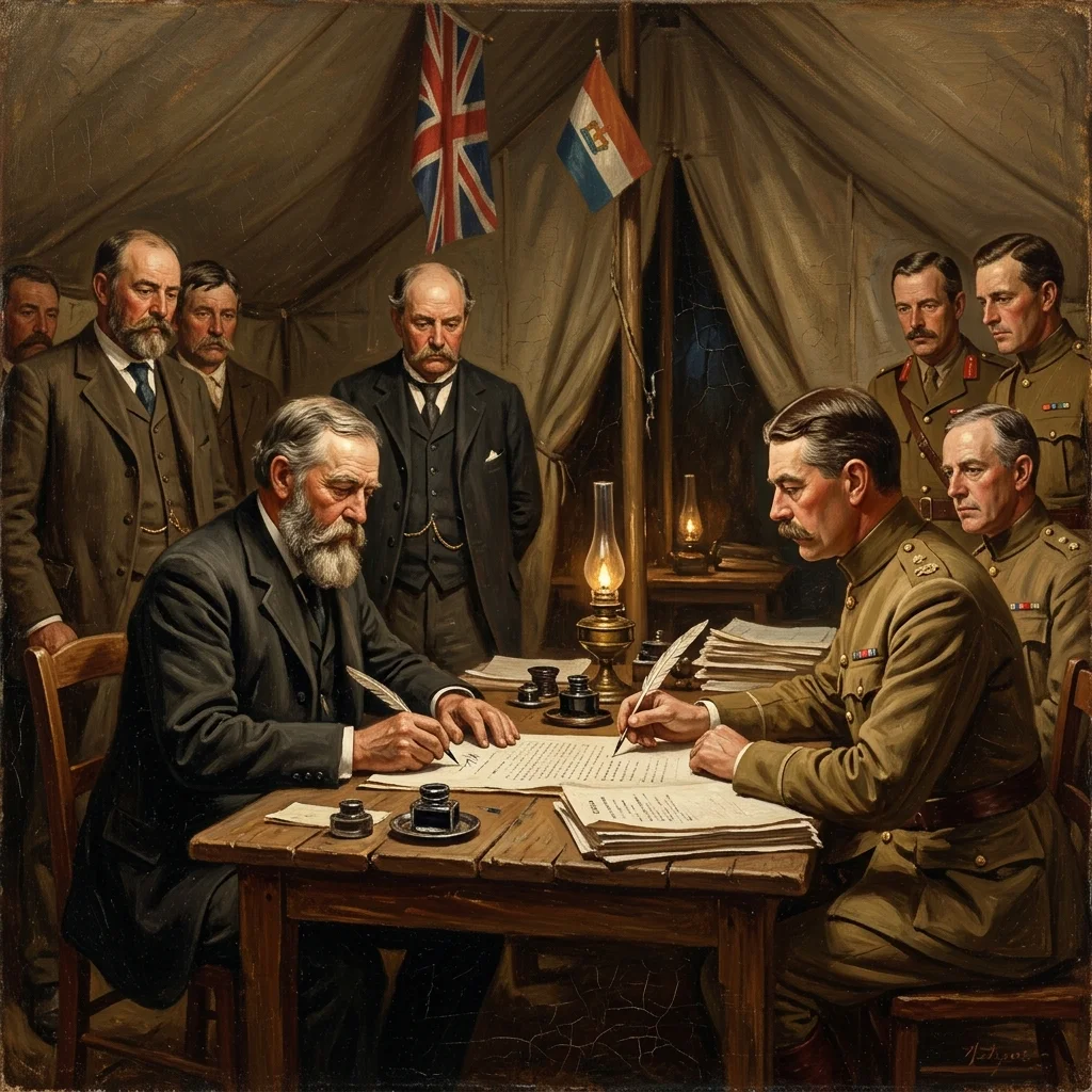 British military officers and Boer leaders signing the Treaty of Vereeniging inside a tent