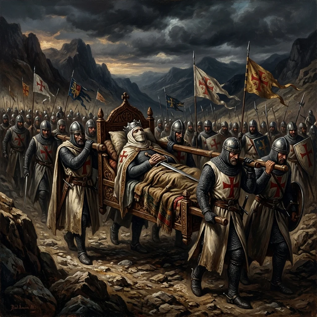 Baldwin IV carried on a litter toward Kerak