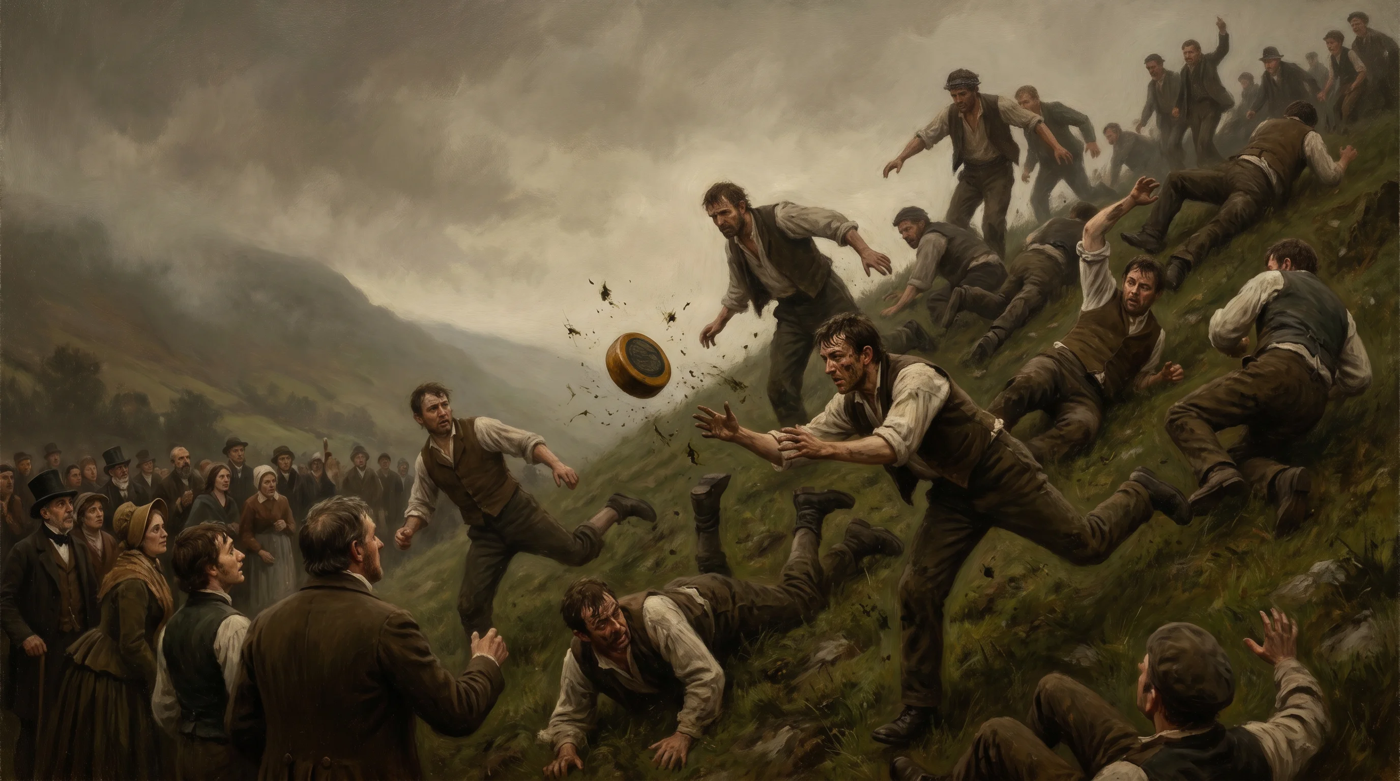 Victorian competitors tumbling down a steep hill after a cheese
