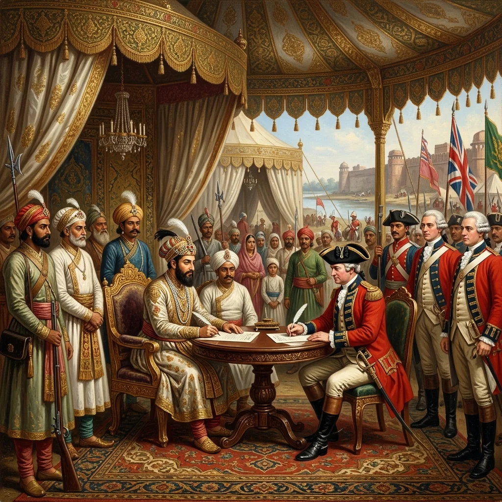Lord Clive meeting Emperor Shah Alam II to sign the Treaty of Allahabad