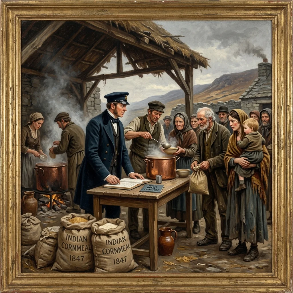 British relief officer and local workers supervising food distribution in Ireland