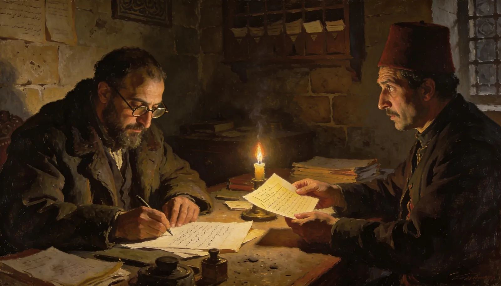 An Armenian scholar examining telegrams handed over by an Ottoman bureaucrat