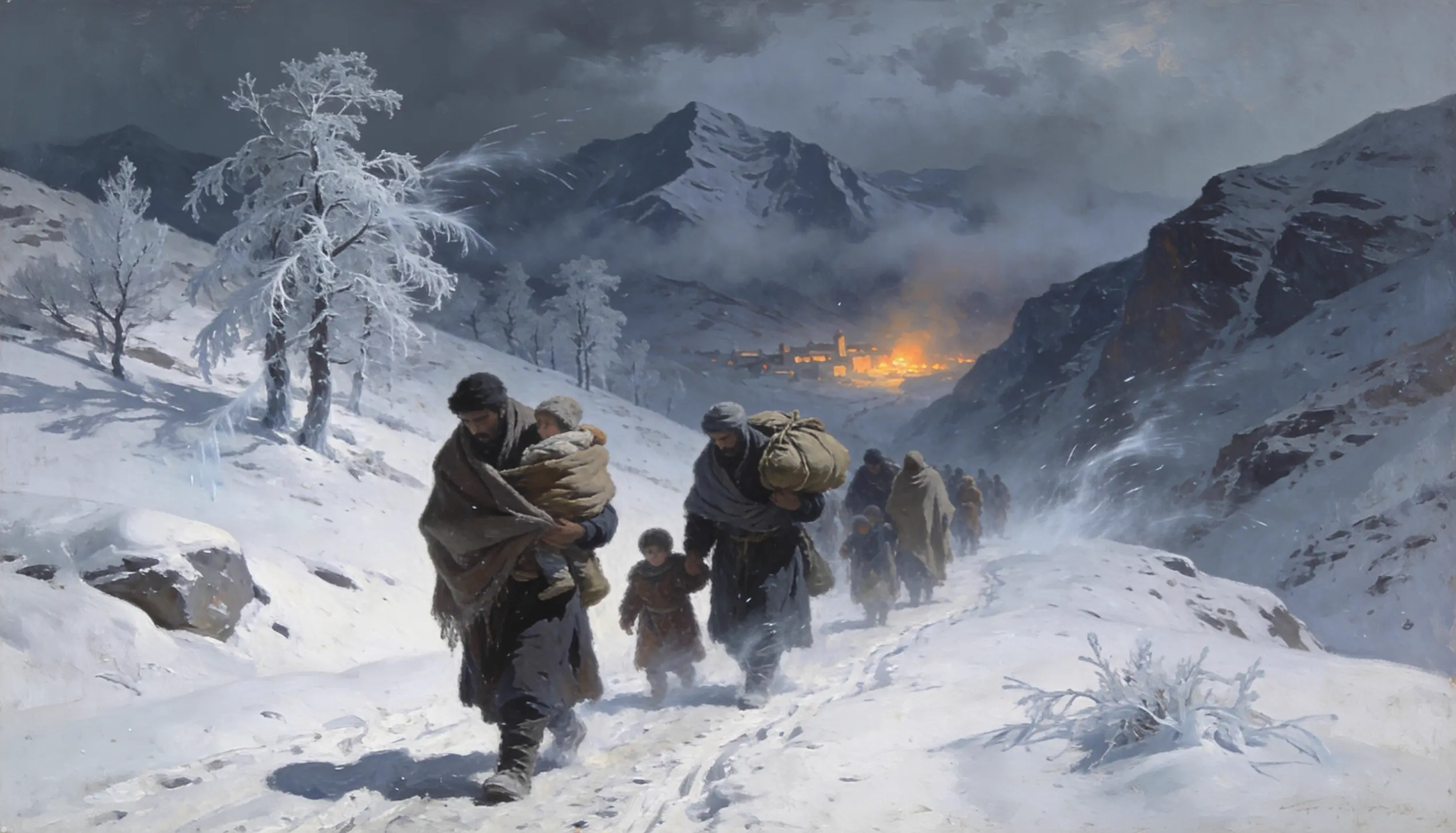 Historical oil painting of Assyrian refugees fleeing across snowy mountain passes